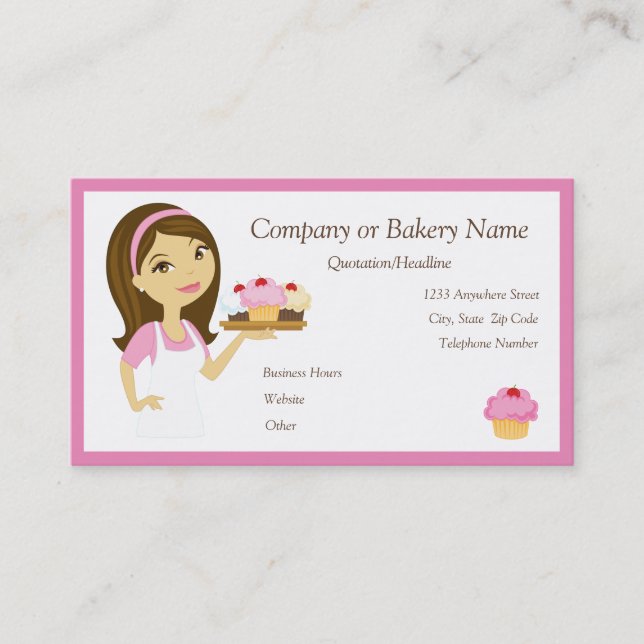 Brunette/Pink Cupcake Baker/Bakery 2 Business Card (Front)