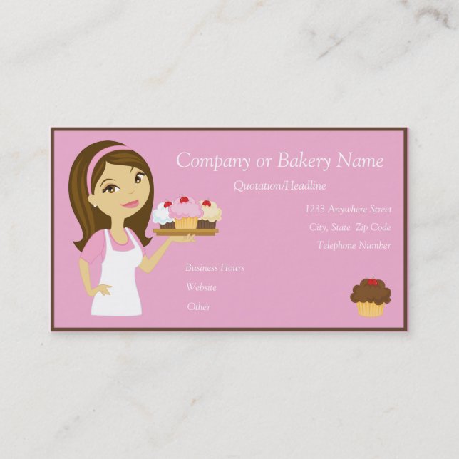 Brunette/Pink Cupcake Baker/Bakery 3 Business Card (Front)