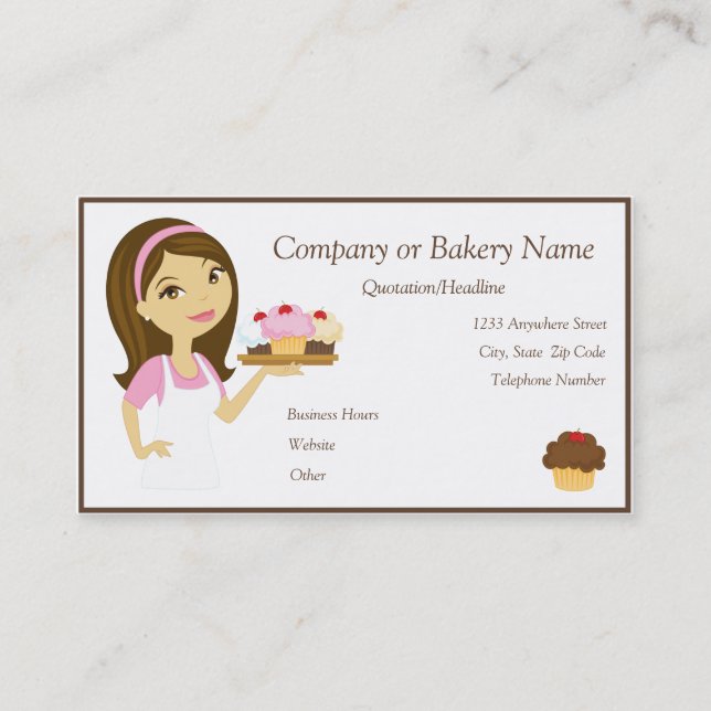 Brunette/Pink Cupcake Baker/Bakery 4 Business Card (Front)
