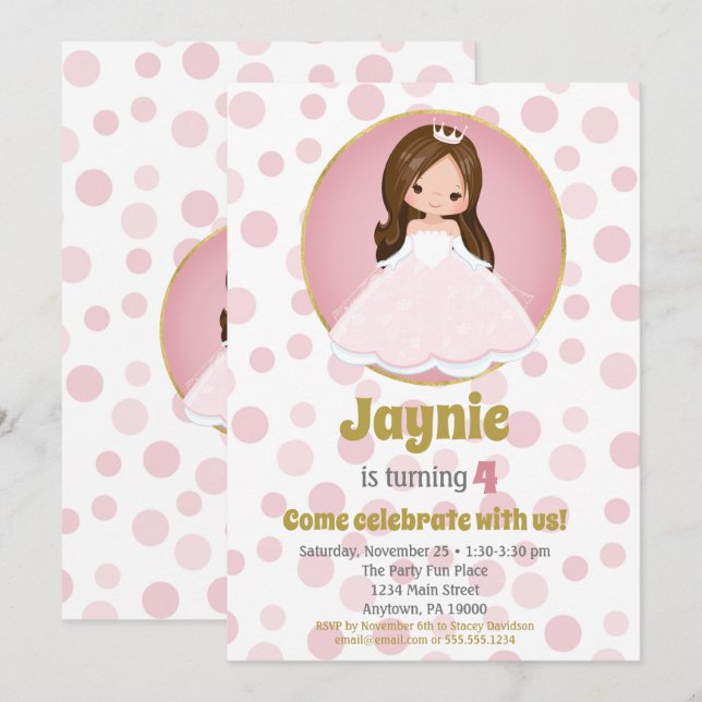 Brunette Pink Princess Girls Birthday Invitation (Front/Back)