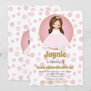 Brunette Pink Princess Girls Birthday Invitation