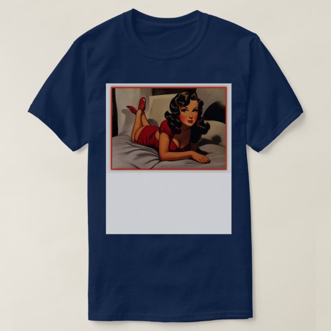 Brunette Pinup Girl in Red T-Shirt (Design Front)