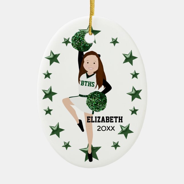 Brunette Pom Squad Green and White Ceramic Tree Decoration (Front)