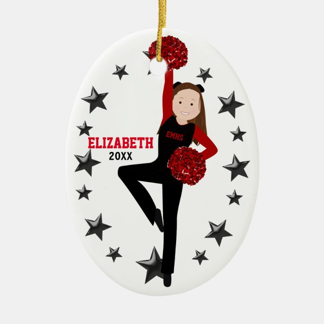 Brunette Pom Squad in Black & Red Ceramic Ornament (Front)