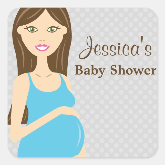 Brunette Pregnant Woman In Blue Dress Baby Shower Square Sticker (Front)