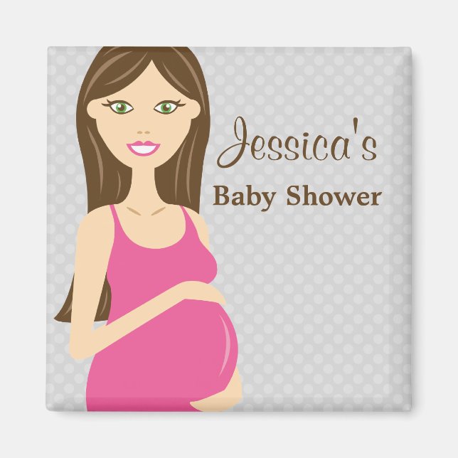Brunette Pregnant Woman In Pink Dress Baby Shower Magnet (Front)
