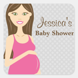 Brunette Pregnant Woman In Pink Dress Baby Shower Square Sticker