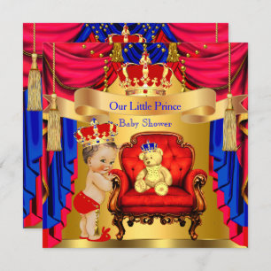 Brunette Prince Baby Shower Gold Bear Red Blue Invitation