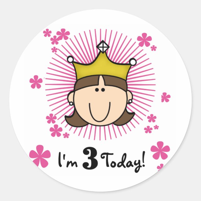 Brunette Princess 3rd Birthday Tshirts and Gifts Classic Round Sticker (Front)