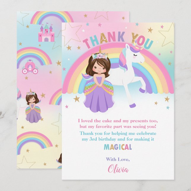 Brunette Princess and Rainbow Unicorn Birthday   Thank You Card (Front/Back)