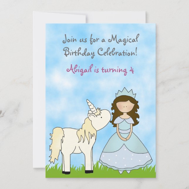 Brunette Princess and Unicorn Birthday Invitation (Front)