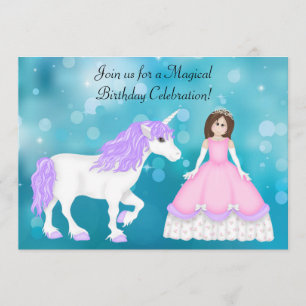 Brunette Princess and Unicorn Birthday Invitation
