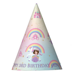 Brunette Princess and Unicorn Rainbow Birthday Party Hat