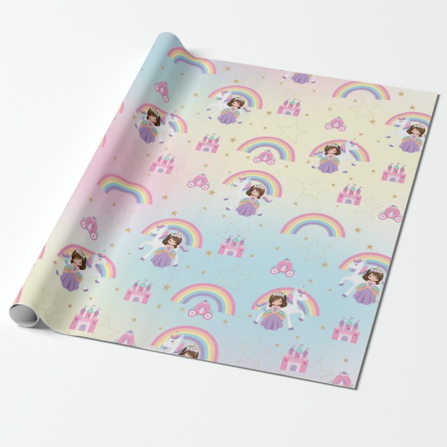 Brunette Princess and Unicorn Rainbow Birthday Wrapping Paper (Unrolled)