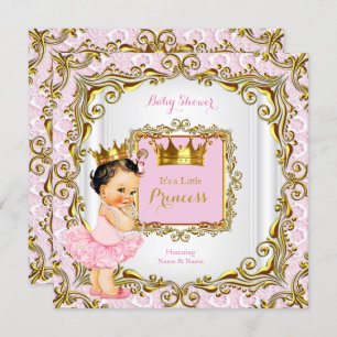 Brunette Princess Baby Shower Pink Lace White Gold Invitation