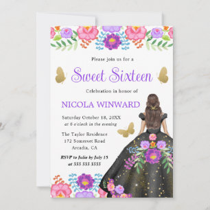 Brunette Princess Mexican Floral Dress Sweet 16 Invitation