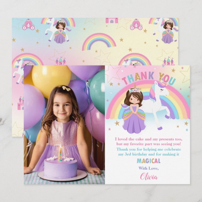 Brunette Princess Rainbow Unicorn Birthday Photo Thank You Card (Front/Back)