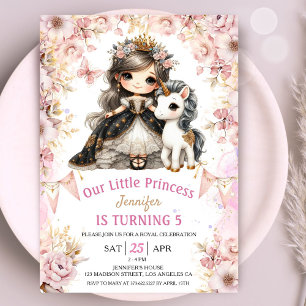 Brunette Princess Unicorn 5th Birthday Invitation