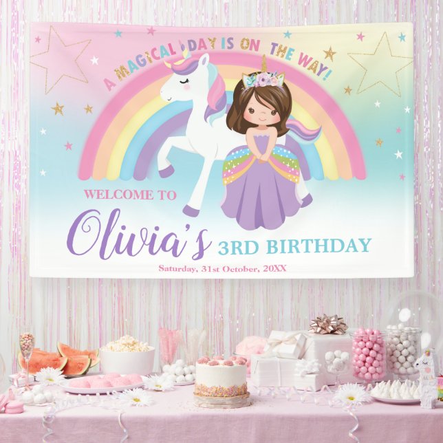 Brunette Princess Unicorn Birthday Rainbow Welcome Banner (Party)