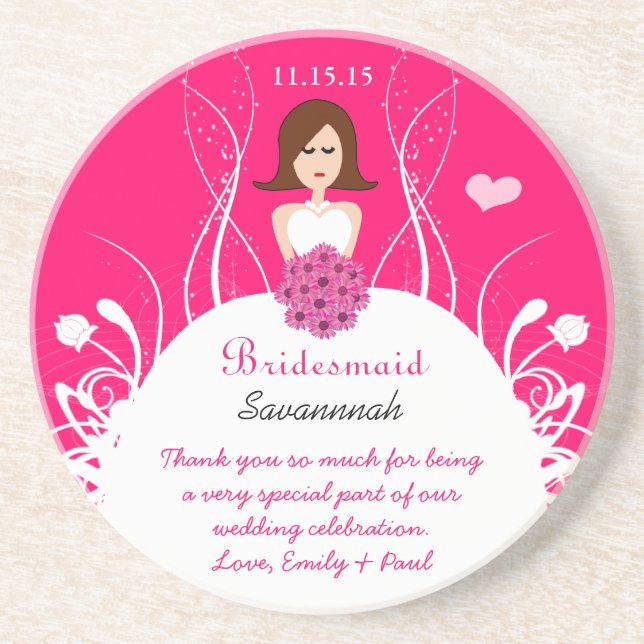 Brunette Side Part Bridesmaid Wedding Gown Coaster (Front)