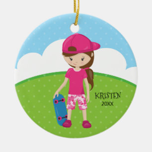 Brunette Skateboard Girl Personalised Christmas Ceramic Ornament