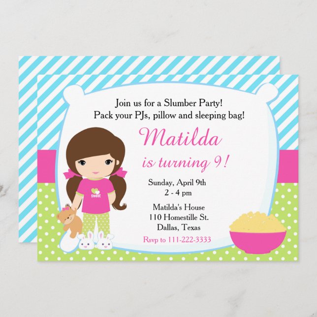 Brunette Sleepover Slumber Party Birthday Invitation (Front/Back)