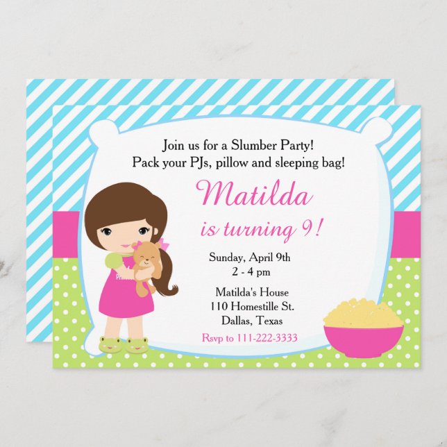 Brunette Sleepover Slumber Party Birthday Invitation (Front/Back)