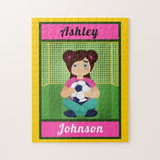 Brunette Soccer Girl Green Field Player's Name Fun Jigsaw Puzzle (Vertical)