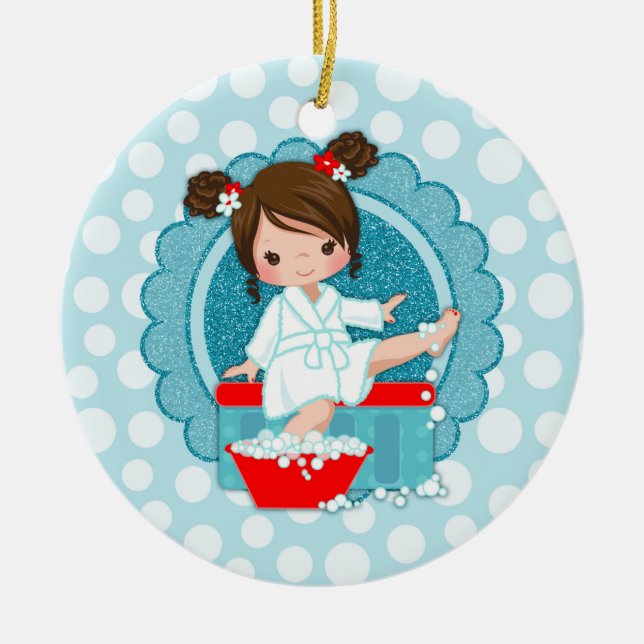 Brunette Spa Girl Bubbles Turquoise Red White Ceramic Ornament (Front)