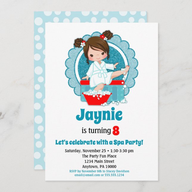Brunette Spa Party Girls Birthday Invitation (Front/Back)
