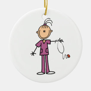 Brunette Stick Figure Nurse Ceramic Ornament