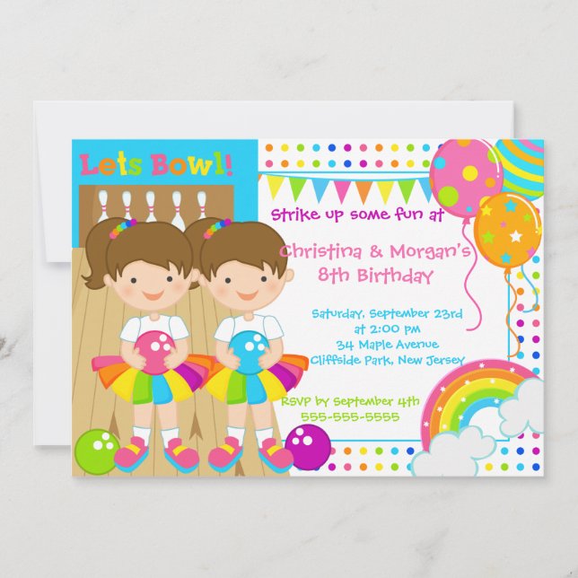 Brunette Twins Girl Bowling Birthday Party Invitation (Front)