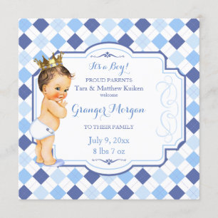 Brunette Vintage Baby Crown Little Prince Argyle Announcement