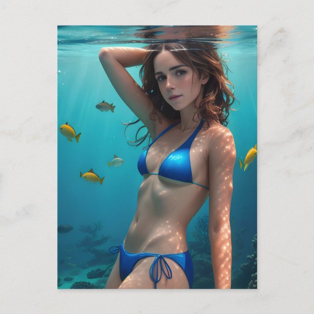 Brunette Woman Blue Bikini Underwater Photo Postcard (Front)