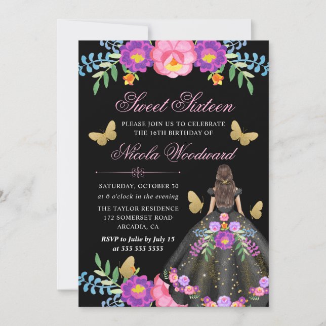 Brunette Woman in Mexican Floral Dress Sweet 16 Invitation (Front)