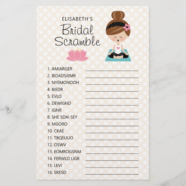 Brunette Yoga Bridal Shower Scramble Game (Front)