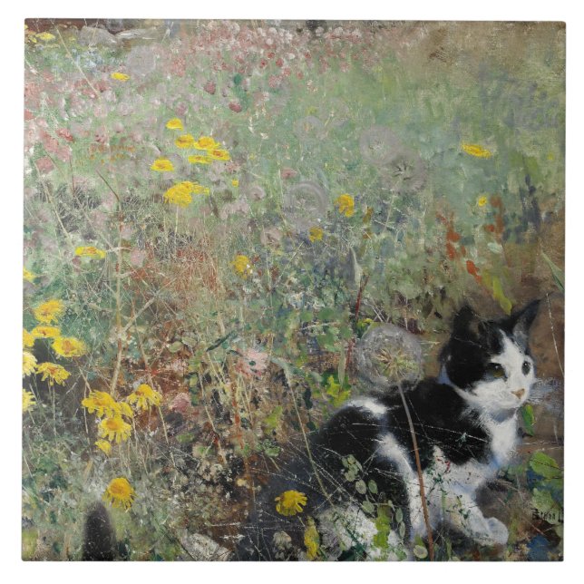Bruno Liljefors - Cat on Flowerbed Ceramic Tile (Front)