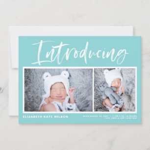 Brush Calligraphy Aqua Blue Photo Collage Birth Announcement