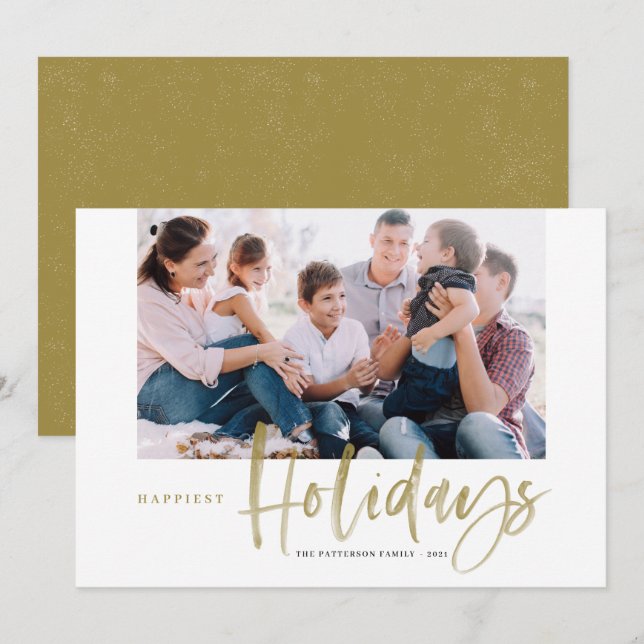 Brush Calligraphy Gold Happiest Holidays Photo Holiday Card (Front/Back)