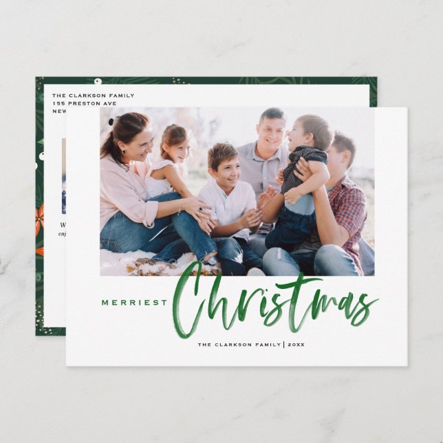 Brush Calligraphy Green Merriest Christmas Photo Holiday Postcard (Front/Back)