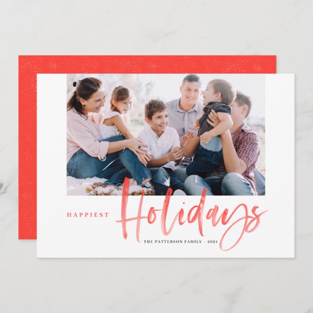Brush Calligraphy Red Happiest Holidays Photo Holiday Card (Front/Back)