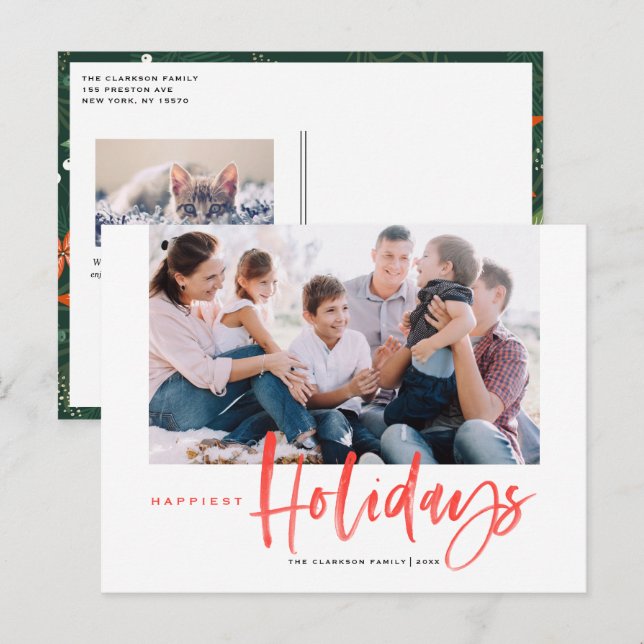 Brush Calligraphy Red Happiest Holidays Photo Holiday Postcard (Front/Back)