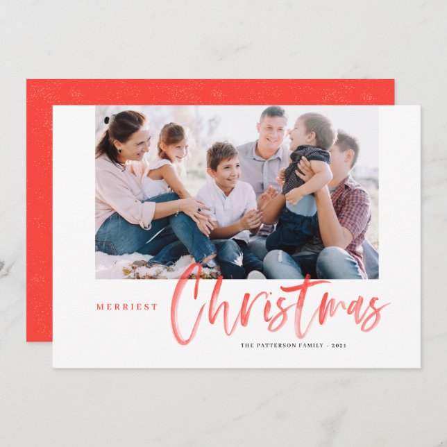 Brush Calligraphy Red Merriest Christmas Photo Holiday Card (Front/Back)