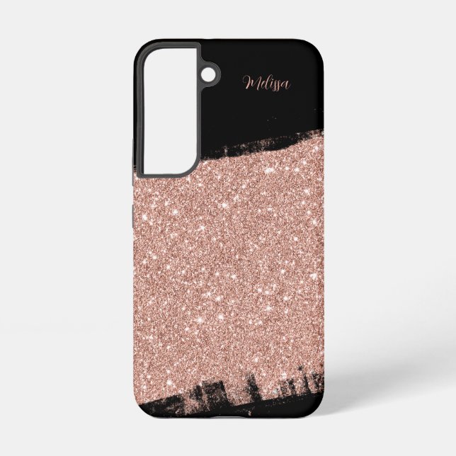 Brush Glitter Rose Gold Black Personalised Name Samsung Galaxy S22 Case (Back)