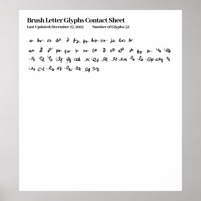 Brush Letter Font Glyphs Contact Sheet Poster (Front)