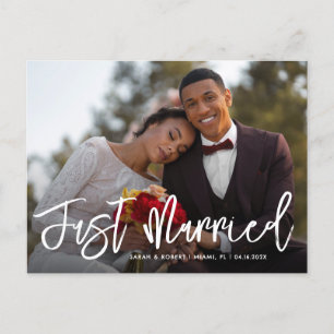 brush lettering just married wedding announcement postcard