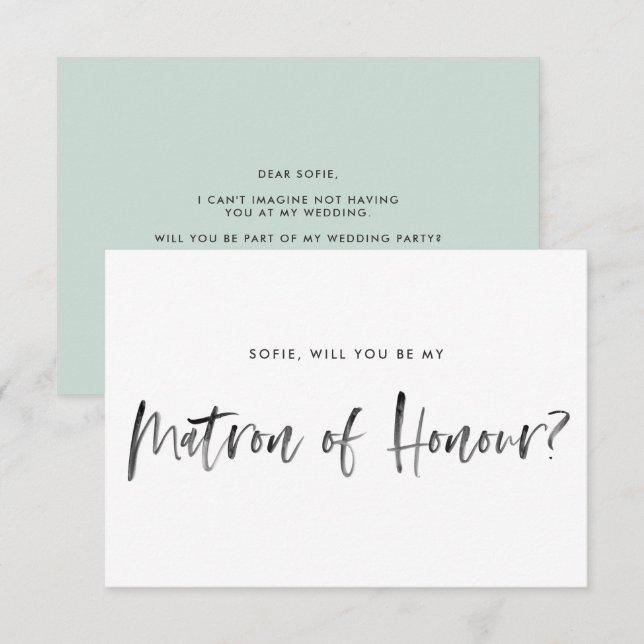 Brush Lettering Mint Be My Matron of Honour Invitation (Front/Back)