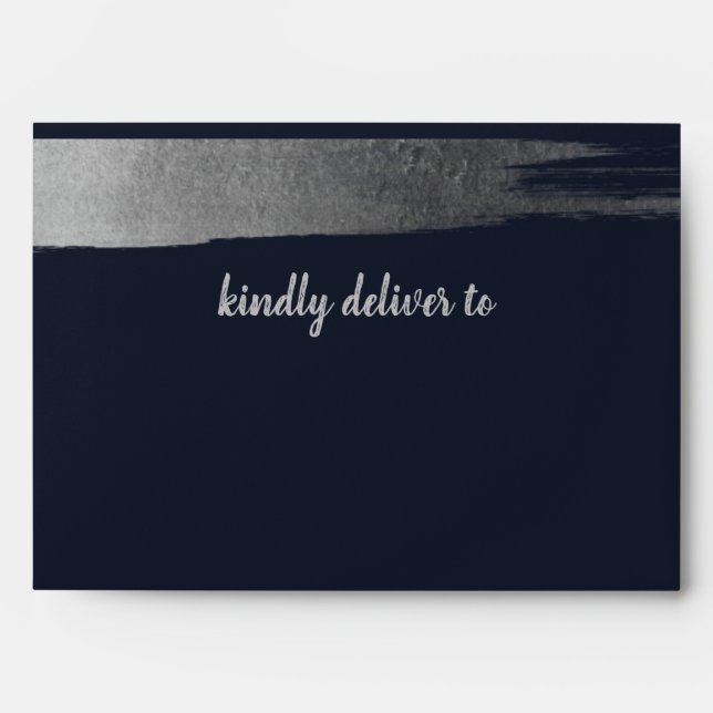 Brush Rustic Navy Silver Simple Modern Wedding Envelope (Front)