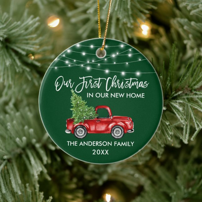 Brush Script 1st Christmas Home Truck Lights Green Ceramic Ornament (Tree)