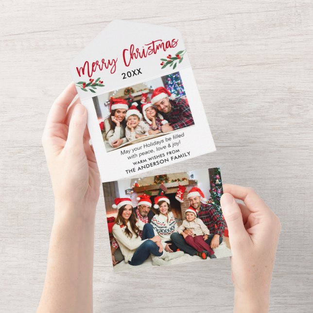 Brush Script 2 Photo Red All In One Christmas Card (Tearaway)